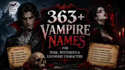 A gothic fantasy illustration featuring mysterious vampires, a moonlit castle, flying bats, crimson candles, and bold text reading "363+ Vampire Names for Dark, Mysterious & Legendary Characters."