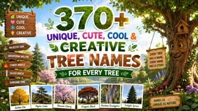 Colorful forest-themed illustration featuring a friendly smiling tree, wooden signposts, scenic trees, and bold text reading "370+ Unique, Cute, Cool & Creative Tree Names for Every Tree."