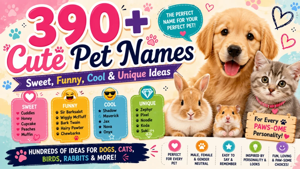 Colorful 1920×1080 pet-name banner featuring a golden retriever puppy, kitten, bunny, hamster, playful paw prints, hearts, and sections for sweet, funny, cool, and unique pet names.