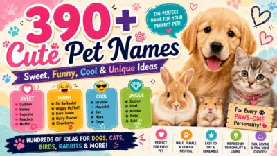 Colorful 1920×1080 pet-name banner featuring a golden retriever puppy, kitten, bunny, hamster, playful paw prints, hearts, and sections for sweet, funny, cool, and unique pet names.