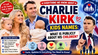 1920×1080 family-themed graphic about Charlie Kirk’s children, featuring a family scene, Charlie Kirk imagery, children, patriotic red-white-and-blue accents, and text about publicly known kids’ names and family privacy.