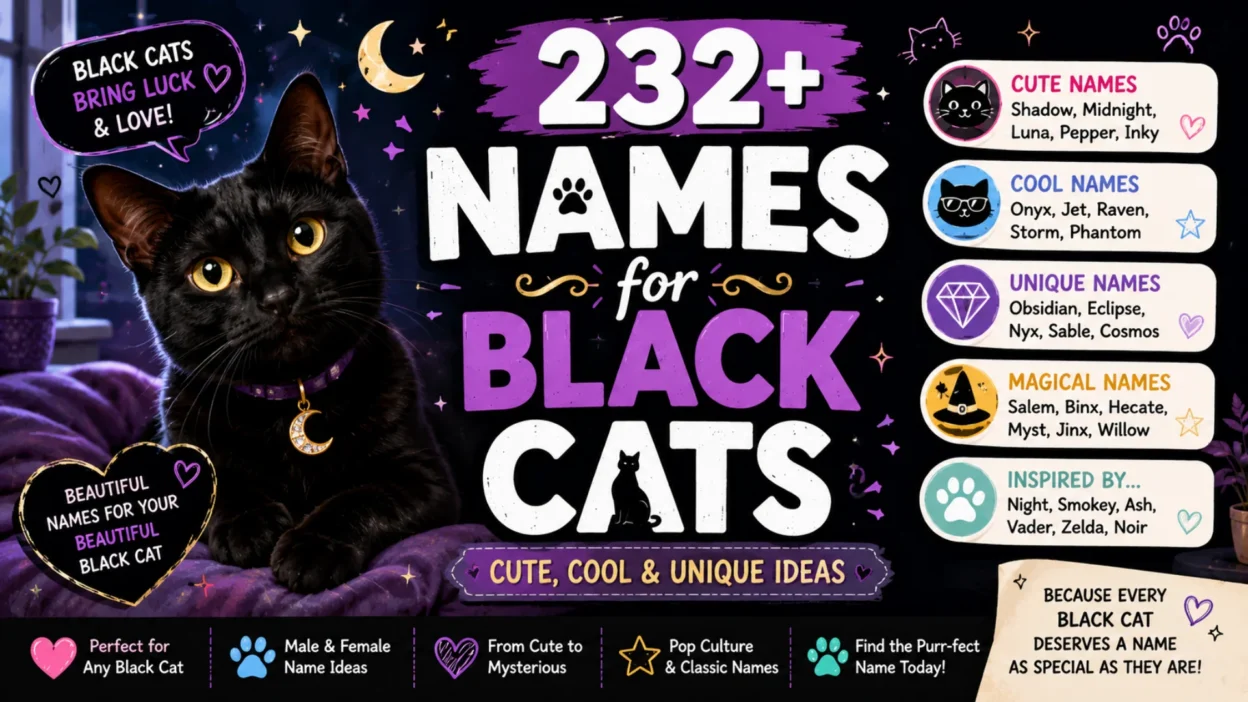 232+ names for black cats featuring a sleek black cat with golden eyes and cute, cool, unique, and magical name ideas
