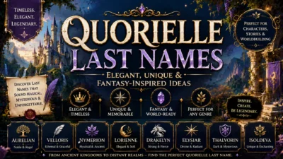 Fantasy-themed Quorielle last names graphic featuring a magical castle, mountains, glowing crystals, ornate frames, and elegant surname ideas.