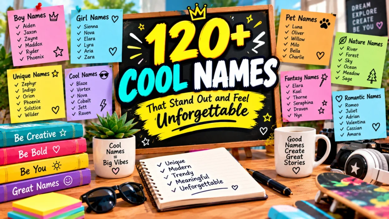 120+ cool names featuring unique, modern, trendy, bold, fantasy, nature, romantic, boy, girl, and pet name ideas