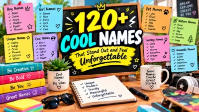 120+ cool names featuring unique, modern, trendy, bold, fantasy, nature, romantic, boy, girl, and pet name ideas