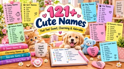 121+ cute names featuring sweet, charming, adorable, unique, romantic, nature-inspired, baby, girl, boy, and pet name ideas