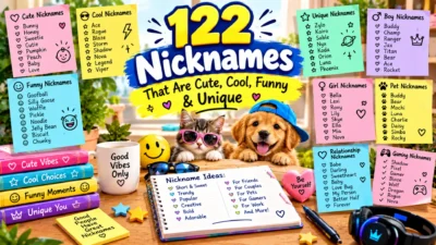 122 nicknames featuring cute, cool, funny, unique, boy, girl, pet, relationship, and gaming nickname ideas