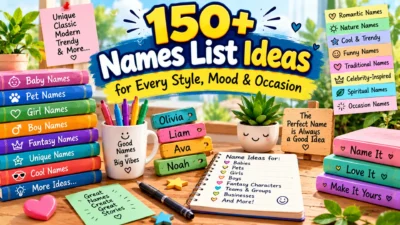 150+ names list ideas featuring unique, classic, modern, trendy, baby, pet, girl, boy, fantasy, and creative name ideas