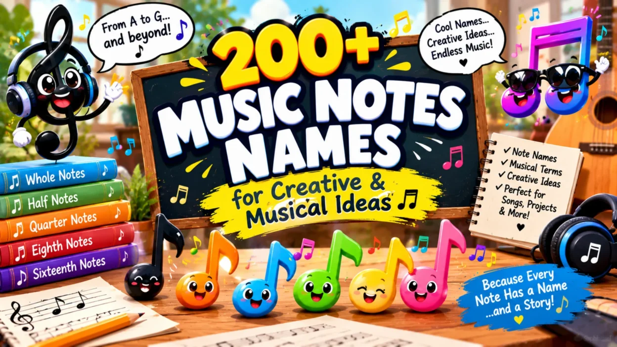 200+ music notes names featuring colorful musical notes, instruments, sheet music, and creative ideas