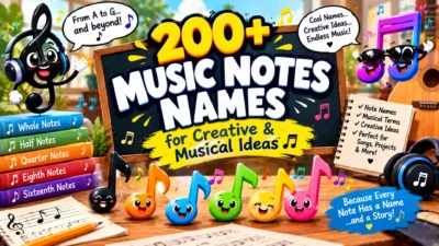 200+ music notes names featuring colorful musical notes, instruments, sheet music, and creative ideas