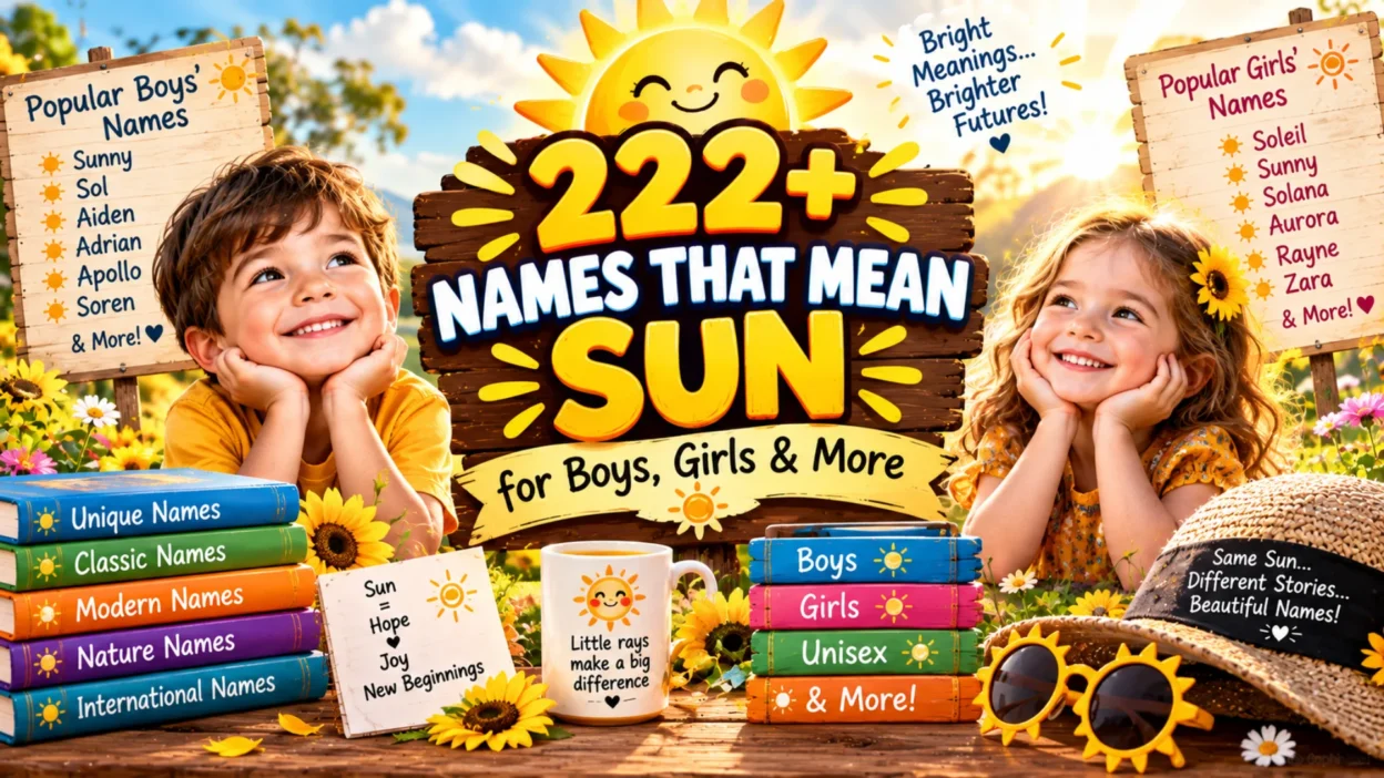222+ names that mean sun for boys and girls featuring smiling children, sunflowers, and a bright sunny scene