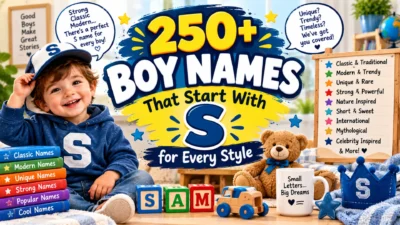 250+ boy names that start with S featuring a cheerful boy, colorful name books, toys, and playful nursery decor