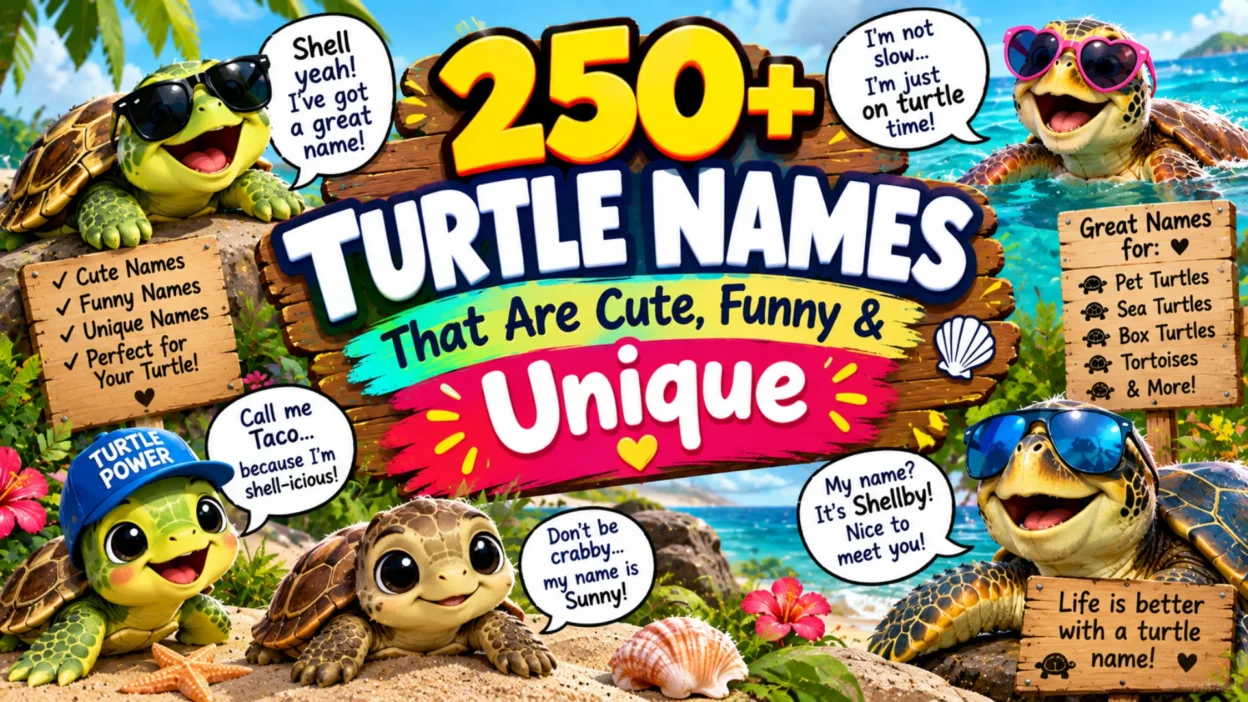250+ turtle names featuring cute, funny, and unique cartoon turtles on a colorful tropical beach