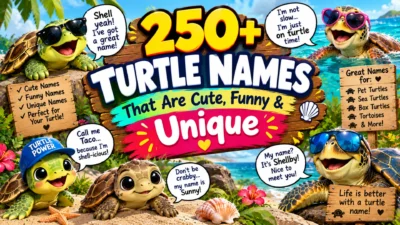250+ turtle names featuring cute, funny, and unique cartoon turtles on a colorful tropical beach