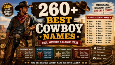 260+ best cowboy names featuring a rugged cowboy, desert ranch, Western gear, and cool classic name ideas
