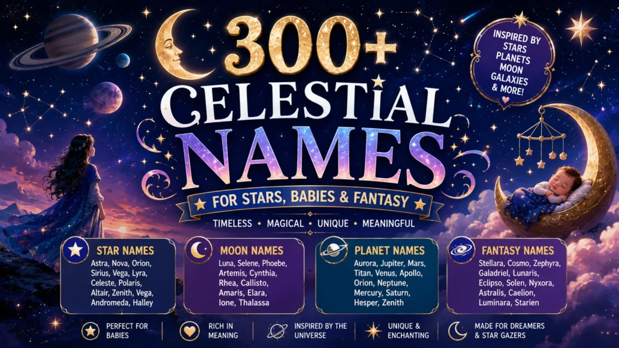 Celestial names graphic featuring stars, planets, a crescent moon, constellations, a sleeping baby, and fantasy-inspired name ideas.
