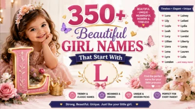 350+ beautiful girl names that start with L, featuring elegant floral decorations, a cute girl, and popular L names