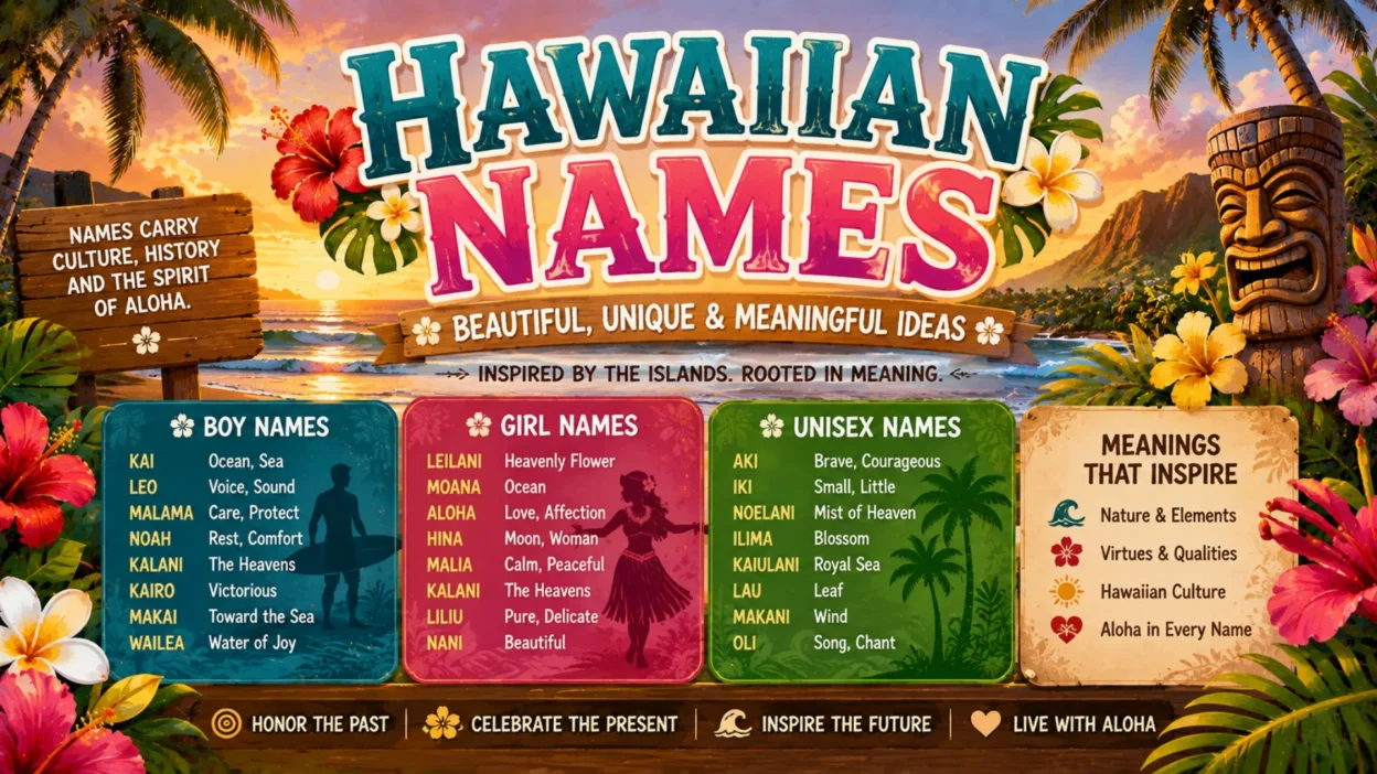 Hawaiian names graphic featuring a tropical beach, palm trees, hibiscus flowers, ocean waves, a tiki figure, and meaningful Hawaiian name ideas.