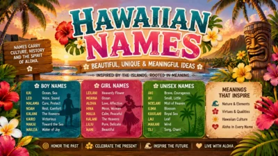 Hawaiian names graphic featuring a tropical beach, palm trees, hibiscus flowers, ocean waves, a tiki figure, and meaningful Hawaiian name ideas.