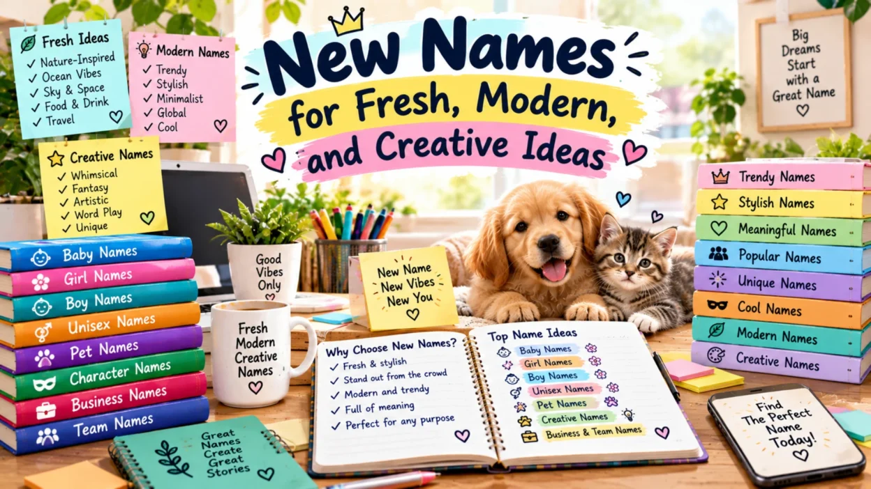 New names for fresh, modern, and creative ideas featuring trendy, stylish, unique, meaningful, baby, girl, boy, unisex, pet, and business name ideas