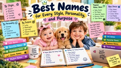 Best names for every style, personality, and purpose featuring classic, modern, unique, baby, pet, character, business, and team name ideas