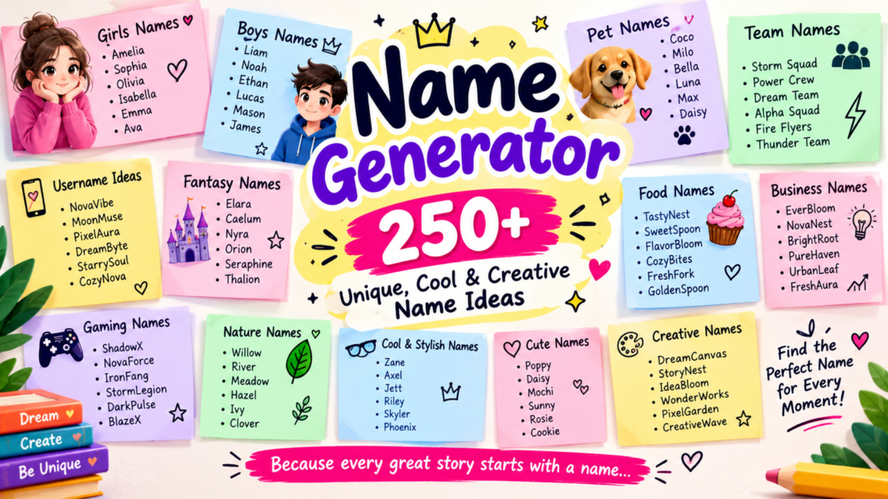 Name generator featuring 250+ unique, cool, and creative name ideas for girls, boys, pets, teams, usernames, gaming, fantasy, and more