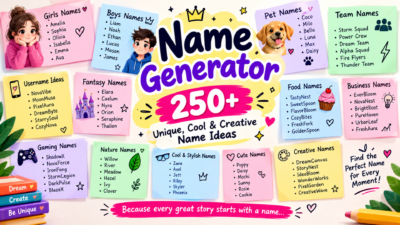 Name generator featuring 250+ unique, cool, and creative name ideas for girls, boys, pets, teams, usernames, gaming, fantasy, and more