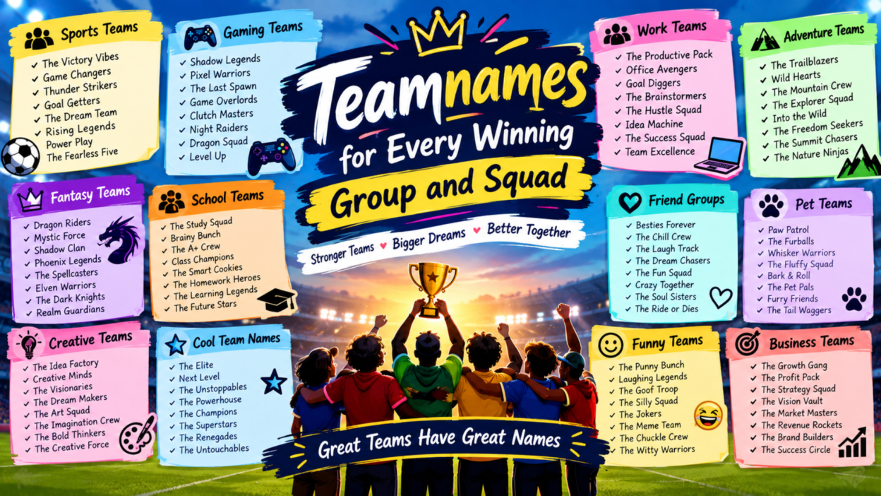 Teamnames for every winning group and squad featuring sports, gaming, work, school, fantasy, friend, pet, creative, cool, funny, and business team ideas