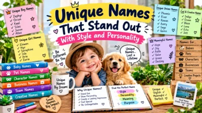 Unique names that stand out with style and personality, featuring creative, meaningful, boy, girl, unisex, baby, pet, character, and business name ideas